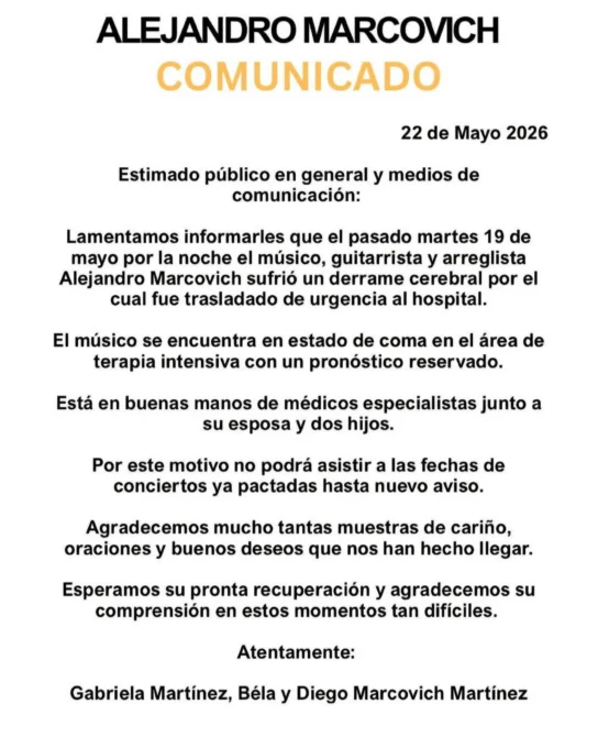 Alejandro Marcovich, hospitalizado y con pronóstico reservado Comunicado de familia de Alejandro Marcovich